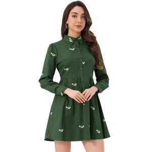 Shirt Long Sleeve Half Placket Embroidered Floral Dress Green